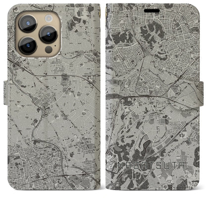 【長津田（神奈川県）】地図柄iPhoneケース（手帳タイプ）モノトーン・iPhone 14 Pro Max 用