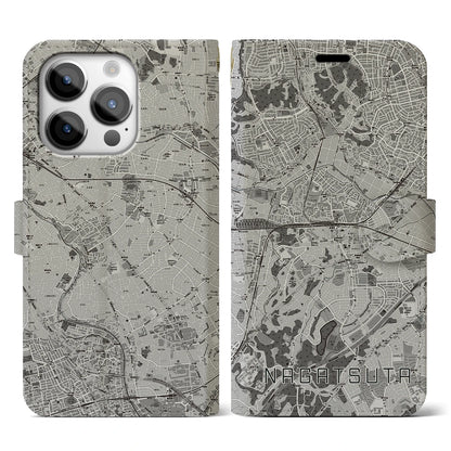 【長津田（神奈川県）】地図柄iPhoneケース（手帳タイプ）モノトーン・iPhone 14 Pro 用