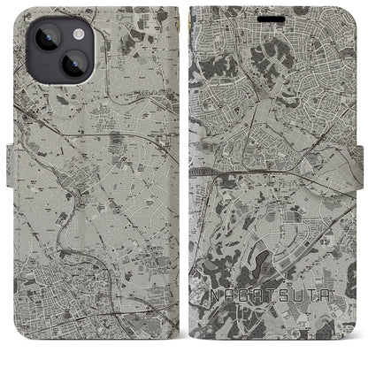 【長津田（神奈川県）】地図柄iPhoneケース（手帳タイプ）モノトーン・iPhone 14 Plus 用