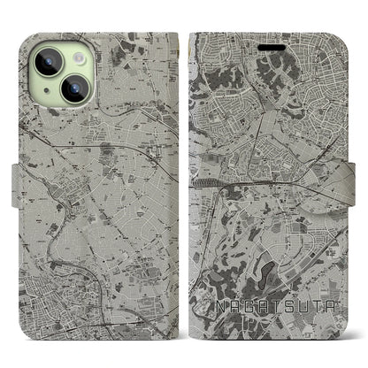 【長津田（神奈川県）】地図柄iPhoneケース（手帳タイプ）モノトーン・iPhone 15 用