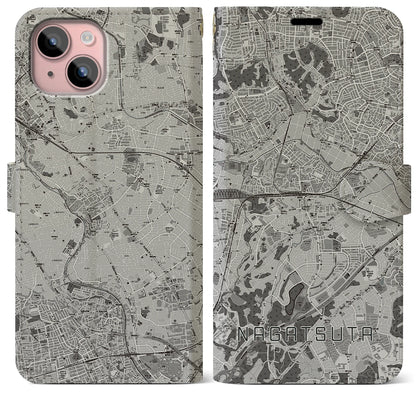 【長津田（神奈川県）】地図柄iPhoneケース（手帳タイプ）モノトーン・iPhone 15 Plus 用