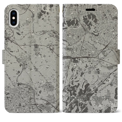 【長津田（神奈川県）】地図柄iPhoneケース（手帳タイプ）モノトーン・iPhone XS Max 用