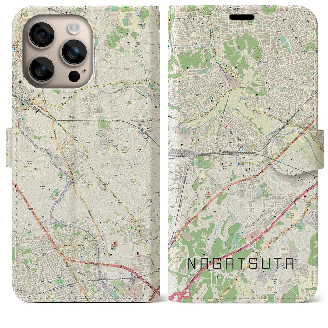 【長津田（神奈川県）】地図柄iPhoneケース（手帳タイプ）ナチュラル・iPhone 16 Plus 用