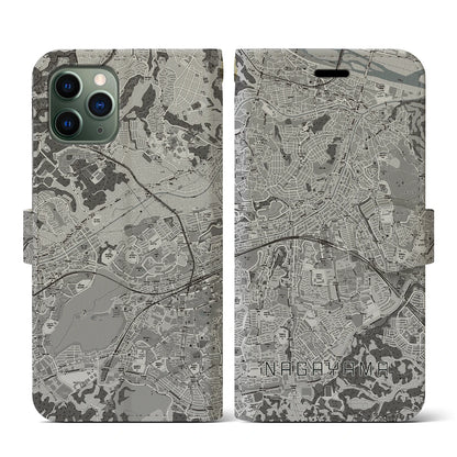 【永山（東京都）】地図柄iPhoneケース（手帳タイプ）モノトーン・iPhone 11 Pro 用