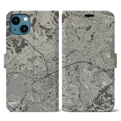 【永山（東京都）】地図柄iPhoneケース（手帳タイプ）モノトーン・iPhone 13 用