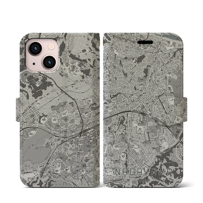 【永山（東京都）】地図柄iPhoneケース（手帳タイプ）モノトーン・iPhone 13 mini 用