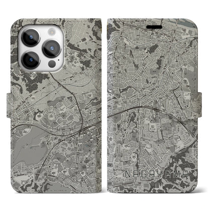 【永山（東京都）】地図柄iPhoneケース（手帳タイプ）モノトーン・iPhone 14 Pro 用