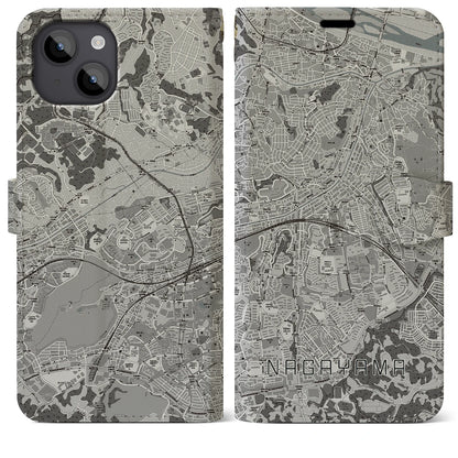 【永山（東京都）】地図柄iPhoneケース（手帳タイプ）モノトーン・iPhone 14 Plus 用