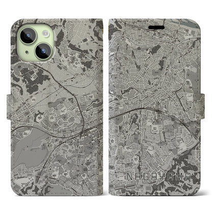 【永山（東京都）】地図柄iPhoneケース（手帳タイプ）モノトーン・iPhone 15 用