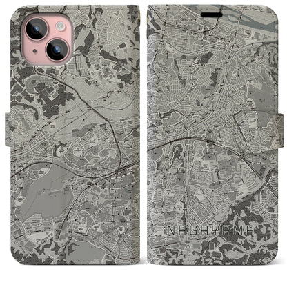 【永山（東京都）】地図柄iPhoneケース（手帳タイプ）モノトーン・iPhone 15 Plus 用