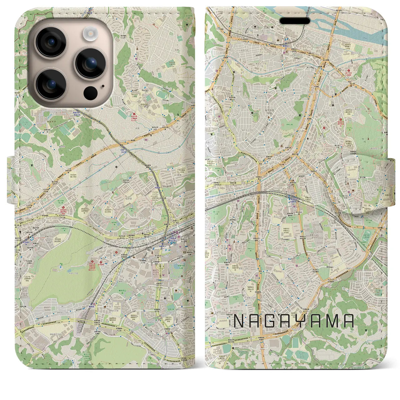 【永山（東京都）】地図柄iPhoneケース（手帳タイプ）ナチュラル・iPhone 16 Plus 用