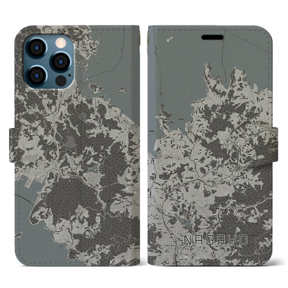【長与（長崎県）】地図柄iPhoneケース（手帳タイプ）モノトーン・iPhone 12 / 12 Pro 用