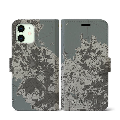 【長与（長崎県）】地図柄iPhoneケース（手帳タイプ）モノトーン・iPhone 12 mini 用