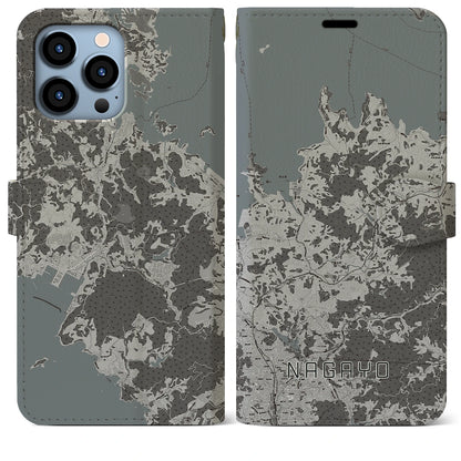 【長与（長崎県）】地図柄iPhoneケース（手帳タイプ）モノトーン・iPhone 13 Pro Max 用