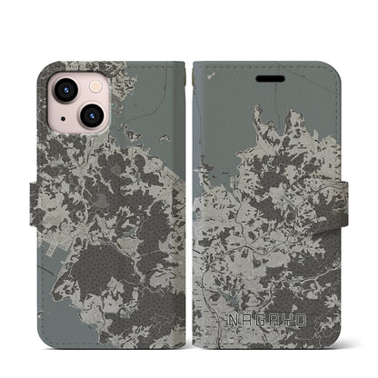 【長与（長崎県）】地図柄iPhoneケース（手帳タイプ）モノトーン・iPhone 13 mini 用