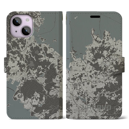 【長与（長崎県）】地図柄iPhoneケース（手帳タイプ）モノトーン・iPhone 14 用
