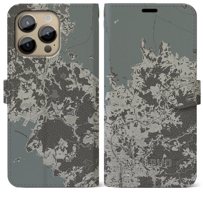 【長与（長崎県）】地図柄iPhoneケース（手帳タイプ）モノトーン・iPhone 14 Pro Max 用