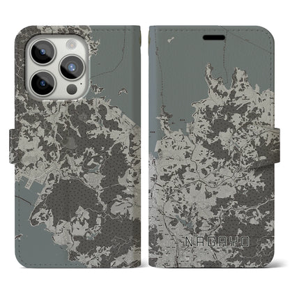 【長与（長崎県）】地図柄iPhoneケース（手帳タイプ）モノトーン・iPhone 15 Pro 用