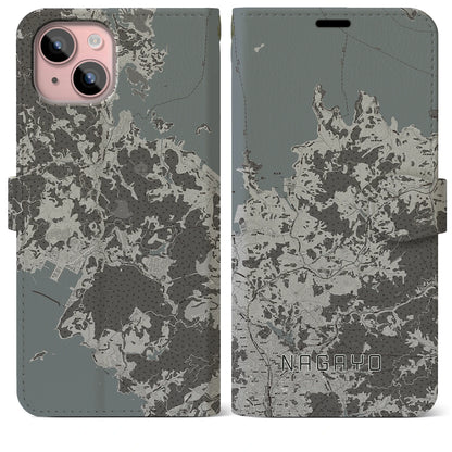 【長与（長崎県）】地図柄iPhoneケース（手帳タイプ）モノトーン・iPhone 15 Plus 用