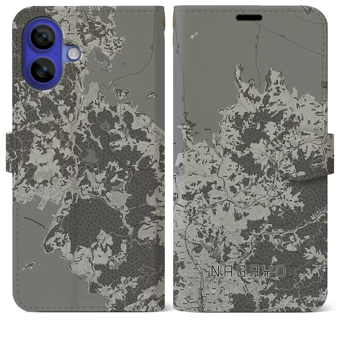 【長与(長崎県)】地図柄iPhoneケース(手帳タイプ)モノトーン・iPhone 16 Pro Max 用