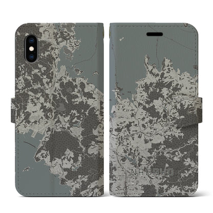 【長与（長崎県）】地図柄iPhoneケース（手帳タイプ）モノトーン・iPhone XS / X 用