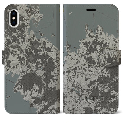 【長与（長崎県）】地図柄iPhoneケース（手帳タイプ）モノトーン・iPhone XS Max 用