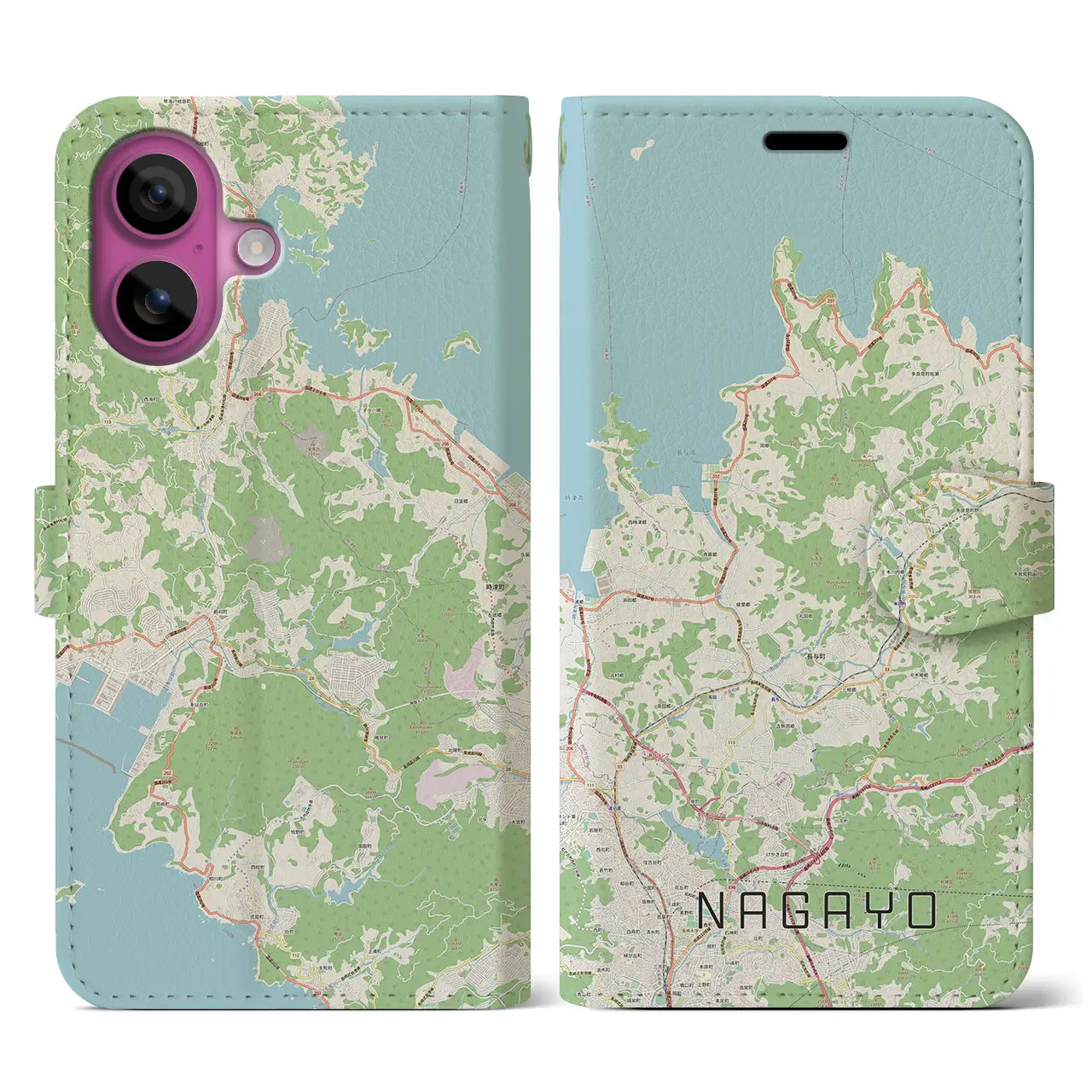 【長与（長崎県）】地図柄iPhoneケース（手帳タイプ）ナチュラル・iPhone 16 Pro 用