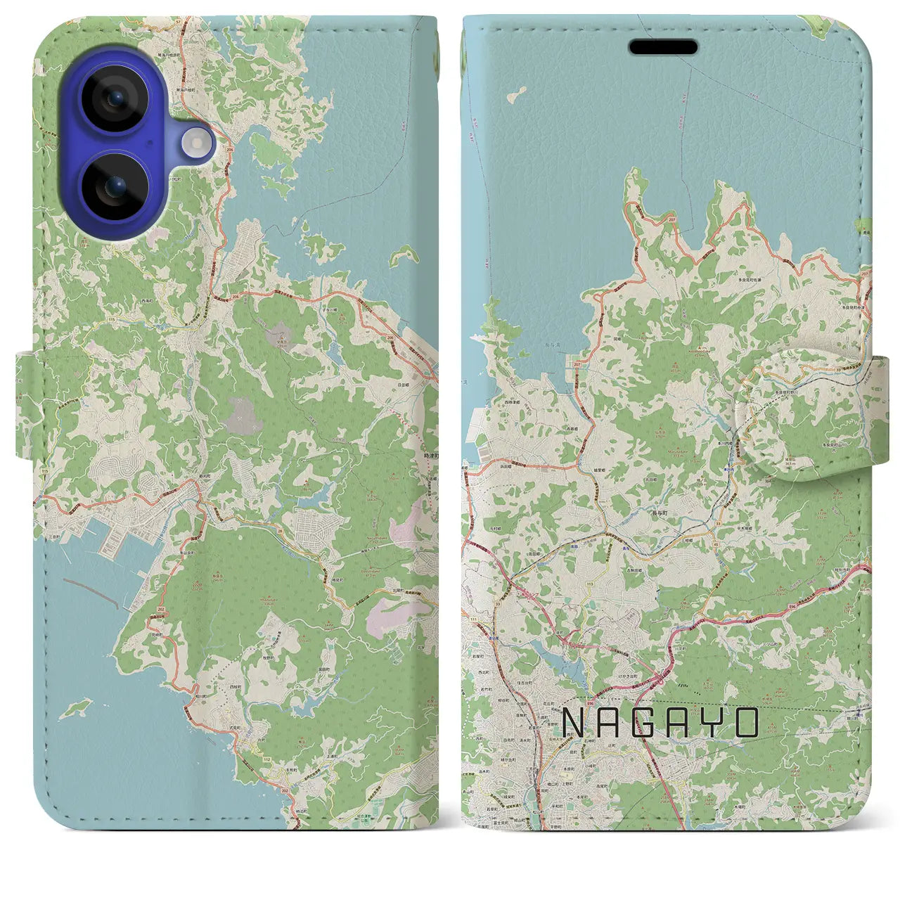 【長与（長崎県）】地図柄iPhoneケース（手帳タイプ）ナチュラル・iPhone 16 Pro Max 用