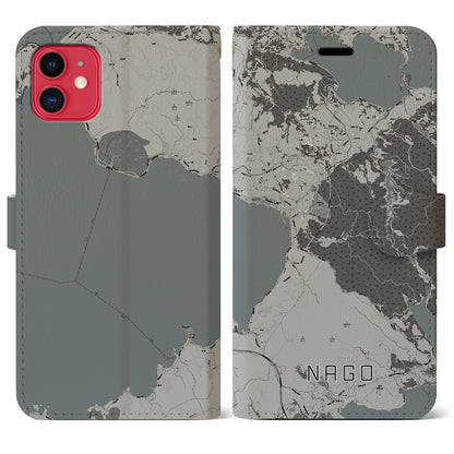 【名護（沖縄県）】地図柄iPhoneケース（手帳タイプ）モノトーン・iPhone 11 用