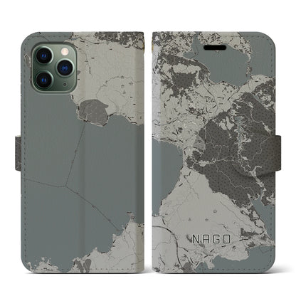 【名護（沖縄県）】地図柄iPhoneケース（手帳タイプ）モノトーン・iPhone 11 Pro 用