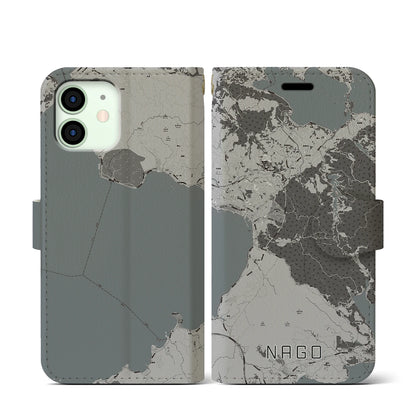 【名護（沖縄県）】地図柄iPhoneケース（手帳タイプ）モノトーン・iPhone 12 mini 用