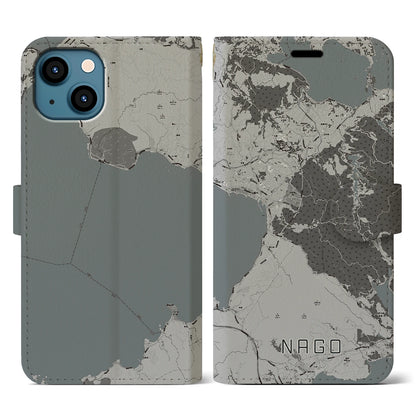 【名護（沖縄県）】地図柄iPhoneケース（手帳タイプ）モノトーン・iPhone 13 用