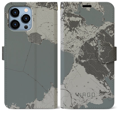 【名護（沖縄県）】地図柄iPhoneケース（手帳タイプ）モノトーン・iPhone 13 Pro Max 用