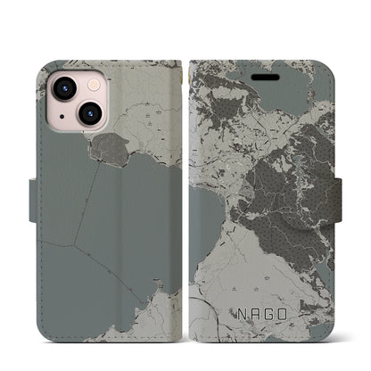 【名護（沖縄県）】地図柄iPhoneケース（手帳タイプ）モノトーン・iPhone 13 mini 用