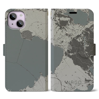 【名護（沖縄県）】地図柄iPhoneケース（手帳タイプ）モノトーン・iPhone 14 用