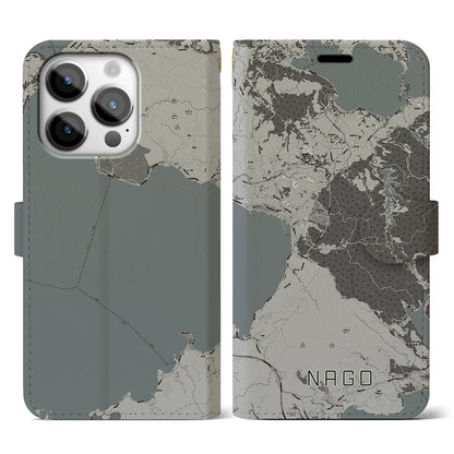 【名護（沖縄県）】地図柄iPhoneケース（手帳タイプ）モノトーン・iPhone 14 Pro 用