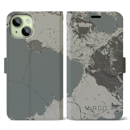 【名護（沖縄県）】地図柄iPhoneケース（手帳タイプ）モノトーン・iPhone 15 用