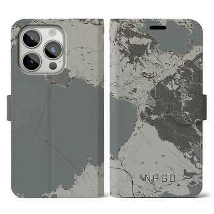 【名護（沖縄県）】地図柄iPhoneケース（手帳タイプ）モノトーン・iPhone 15 Pro 用