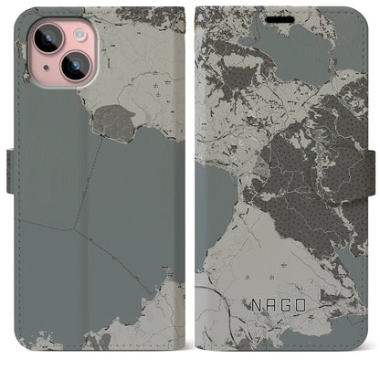 【名護（沖縄県）】地図柄iPhoneケース（手帳タイプ）モノトーン・iPhone 15 Plus 用