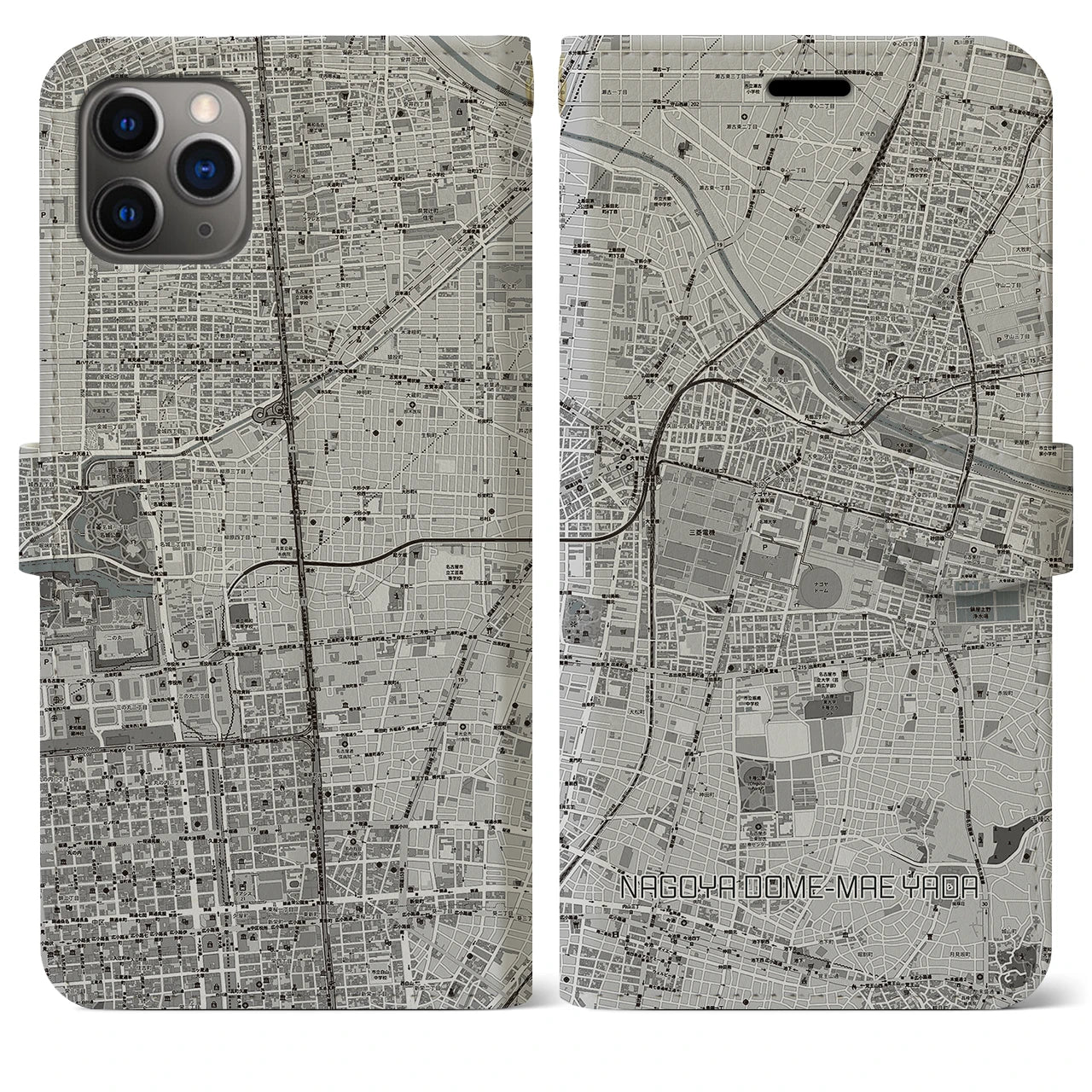 【ナゴヤドーム前矢田】地図柄iPhoneケース（手帳両面タイプ・モノトーン）iPhone 11 Pro Max 用