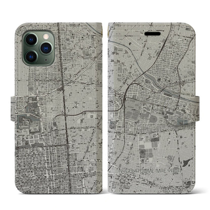 【ナゴヤドーム前矢田（愛知県）】地図柄iPhoneケース（手帳タイプ）モノトーン・iPhone 11 Pro 用
