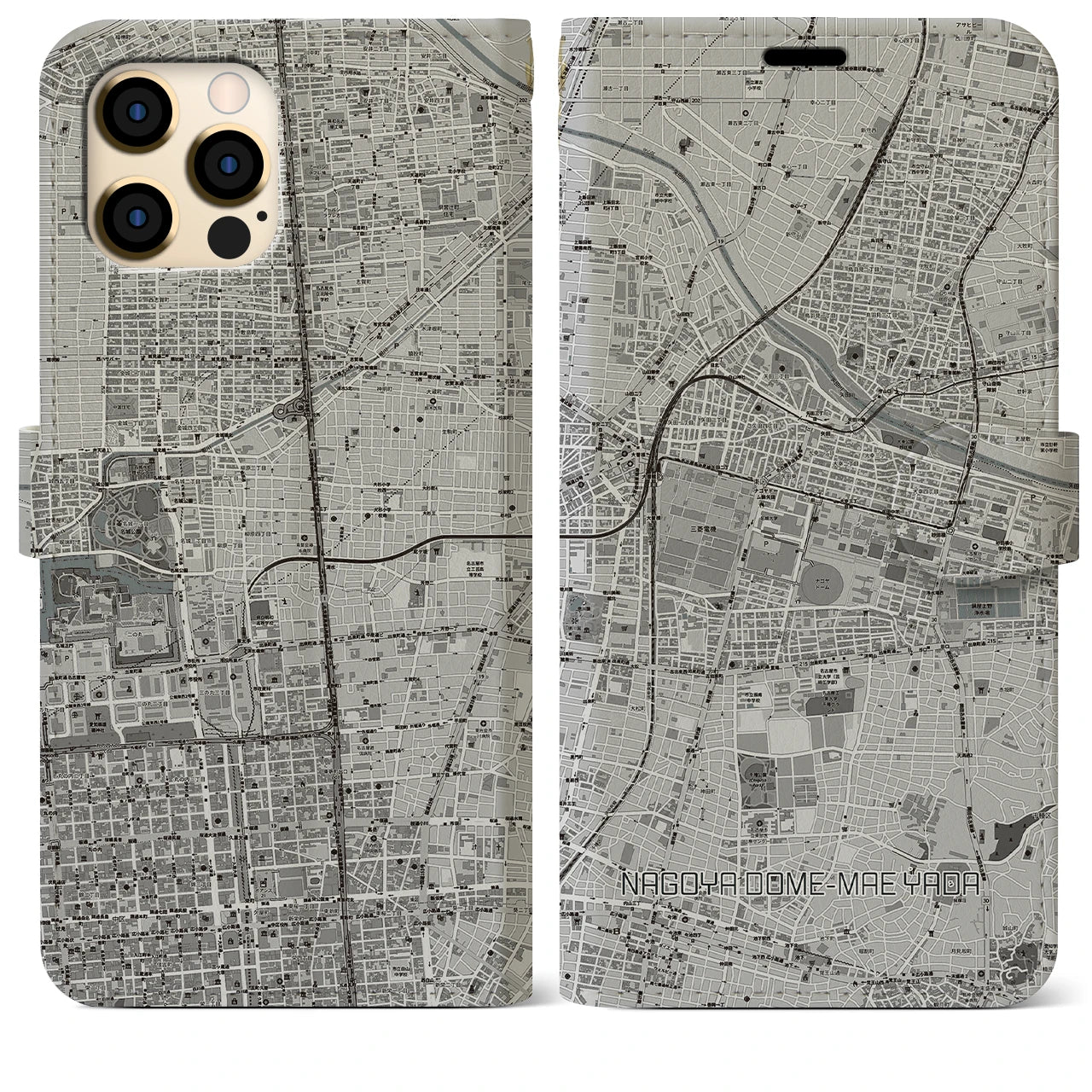 【ナゴヤドーム前矢田】地図柄iPhoneケース（手帳両面タイプ・モノトーン）iPhone 12 Pro Max 用
