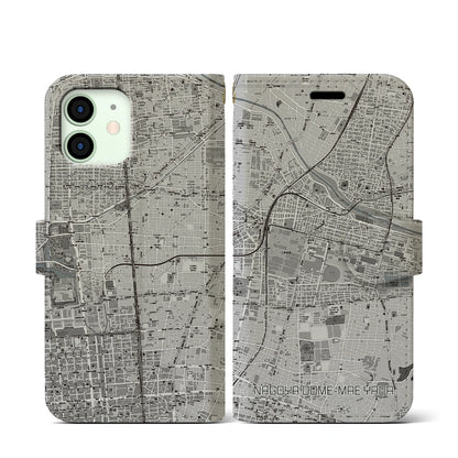 【ナゴヤドーム前矢田（愛知県）】地図柄iPhoneケース（手帳タイプ）モノトーン・iPhone 12 mini 用