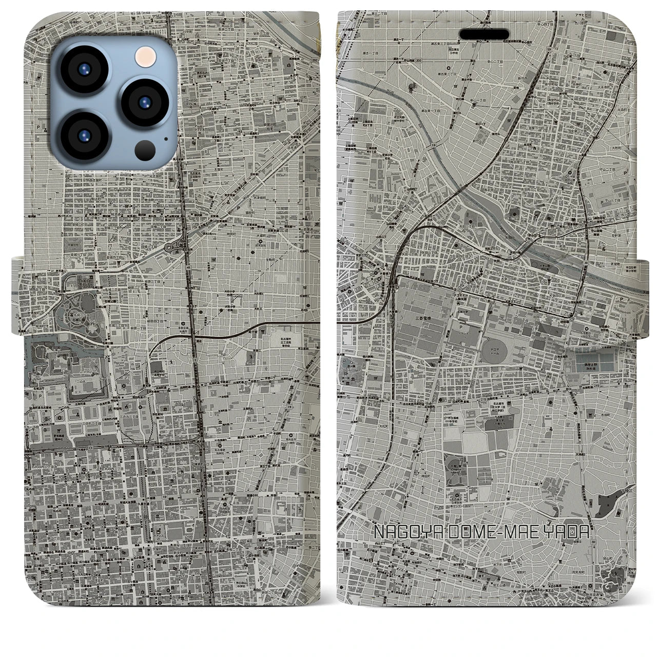 【ナゴヤドーム前矢田】地図柄iPhoneケース（手帳両面タイプ・モノトーン）iPhone 13 Pro Max 用