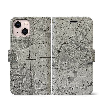 【ナゴヤドーム前矢田（愛知県）】地図柄iPhoneケース（手帳タイプ）モノトーン・iPhone 13 mini 用
