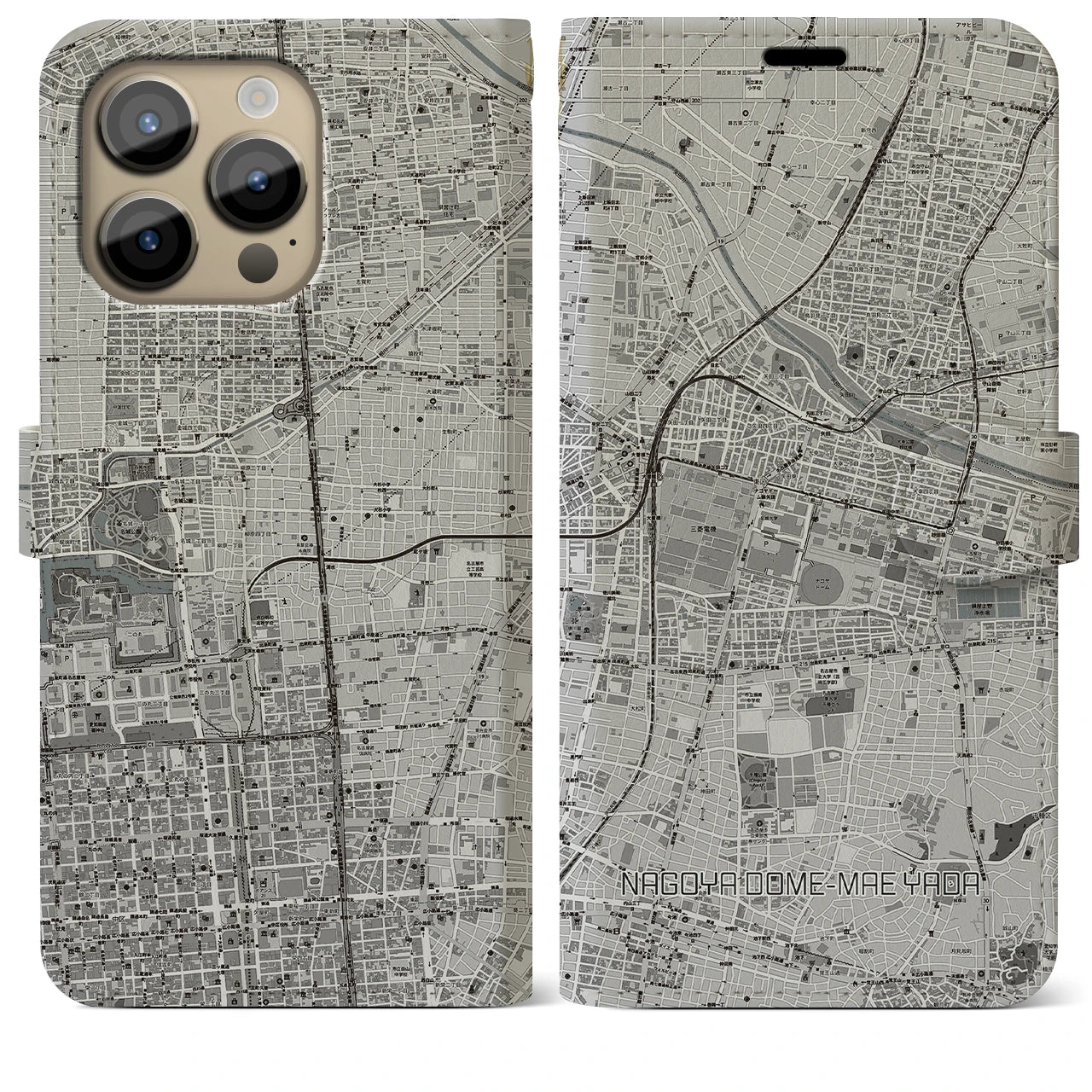 【ナゴヤドーム前矢田】地図柄iPhoneケース（手帳両面タイプ・モノトーン）iPhone 14 Pro Max 用