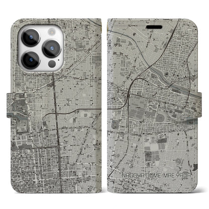【ナゴヤドーム前矢田（愛知県）】地図柄iPhoneケース（手帳タイプ）モノトーン・iPhone 14 Pro 用