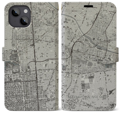【ナゴヤドーム前矢田（愛知県）】地図柄iPhoneケース（手帳タイプ）モノトーン・iPhone 14 Plus 用