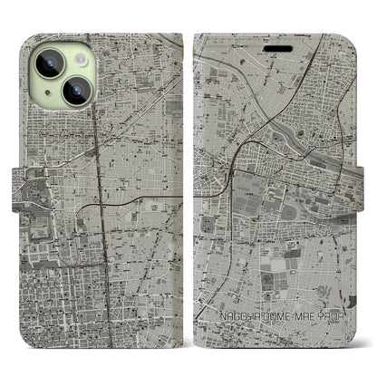 【ナゴヤドーム前矢田（愛知県）】地図柄iPhoneケース（手帳タイプ）モノトーン・iPhone 15 用