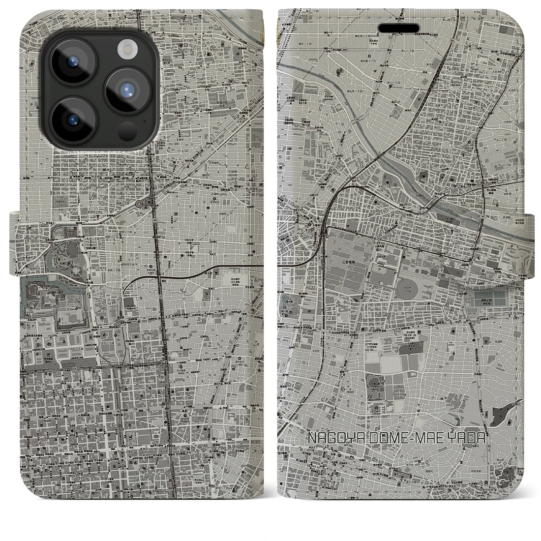 【ナゴヤドーム前矢田】地図柄iPhoneケース（手帳両面タイプ・モノトーン）iPhone 15 Pro Max 用